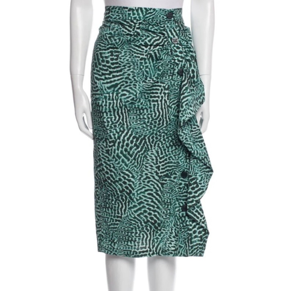 Max Mara Ruffle Front Skirt Made in Italy Green Abstract Print Button Design
